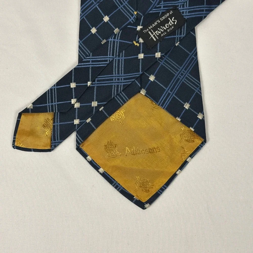 Atkinsons for Harrods Silk Tie Vintage Navy Blue Plaid Jacquard Made In Ireland